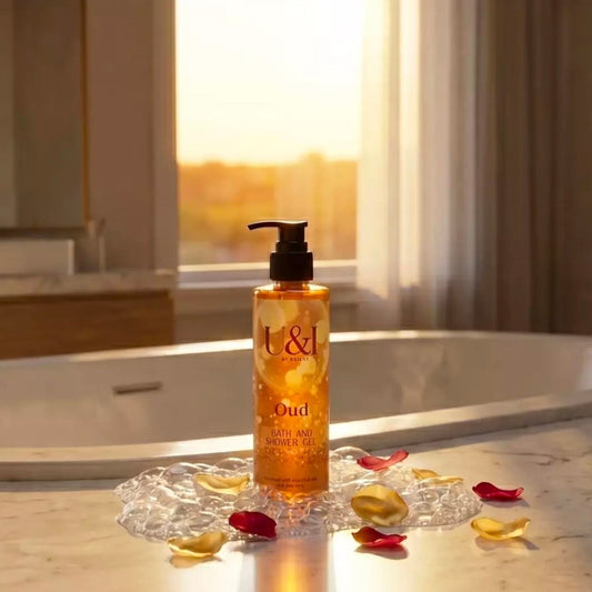 U&I Oud bath and shower gel in a 200ml amber bottle, displayed on a marble surface with rose petals by a window.