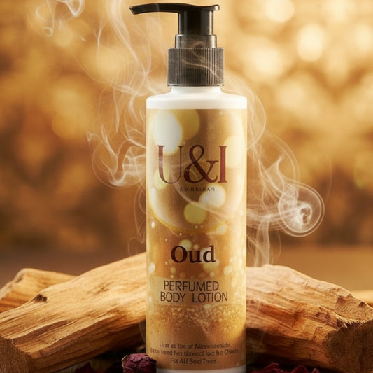 U&I Oud perfumed body lotion in a 200ml pump bottle surrounded by aromatic wood and swirling smoke for a luxurious feel.