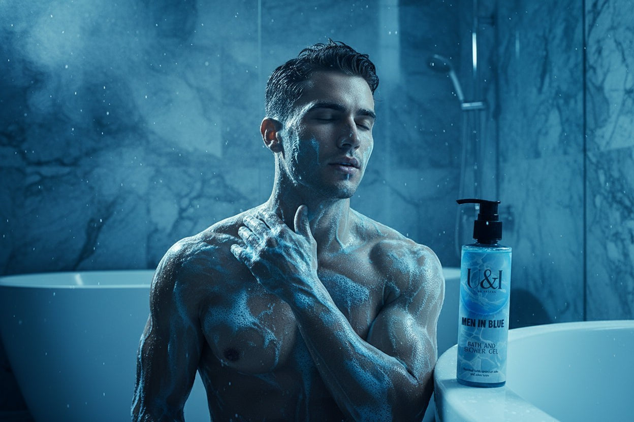 U&I Men in Blue bath and shower gel bottle next to a man with soapy skin in a moody, blue-lit bathroom setting.