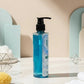 U&I Men in Blue bath and shower gel in a clear 200ml pump bottle with refreshing blue liquid on a marble surface.