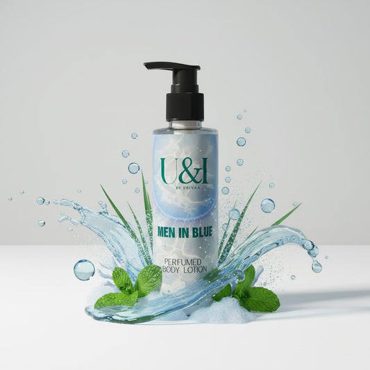 U&I Men in Blue perfumed body lotion in a 200ml pump bottle surrounded by fresh mint leaves and splashing water