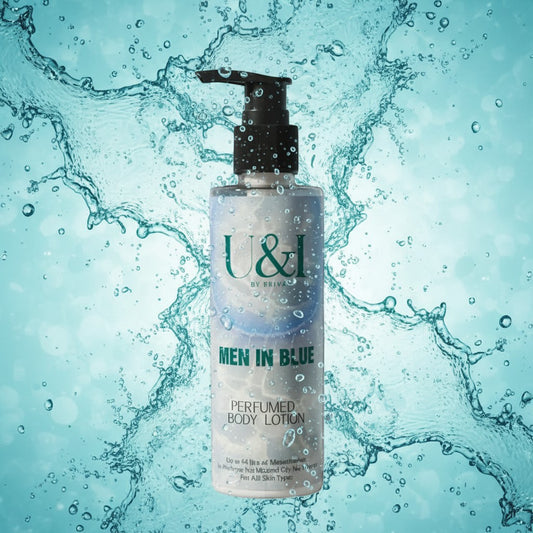 U&I Men in Blue perfumed body lotion in a 200ml pump bottle surrounded by refreshing aquatic water splashes.