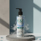 U&I Men in Blue perfumed body lotion in a 200ml pump bottle with aquatic branding on a grey pedestal with mist.