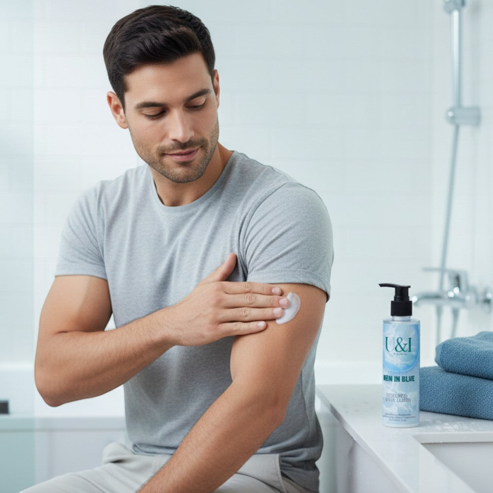 A man applying U&I Men in Blue hydrating body lotion to his arm in a bright, modern bathroom setting.