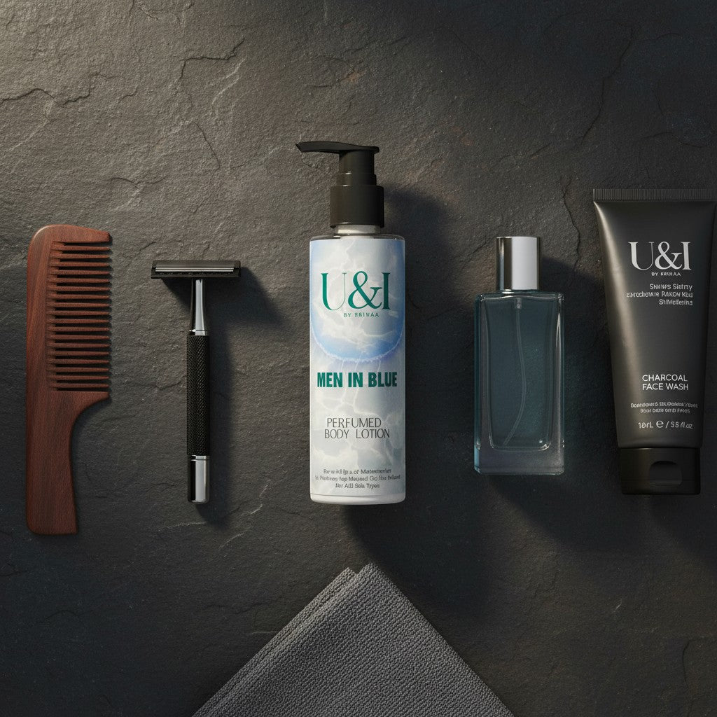 U&I Men in Blue perfumed body lotion bottle with grooming essentials including a wooden comb, razor, and face wash.