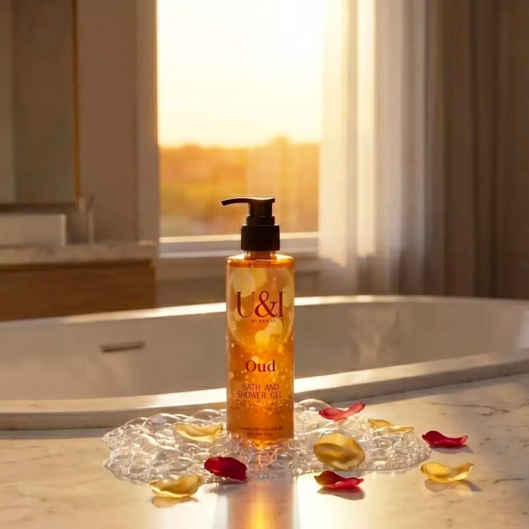 U&I Oud bath and shower gel in a 200ml amber bottle, displayed on a marble surface with rose petals by a window.