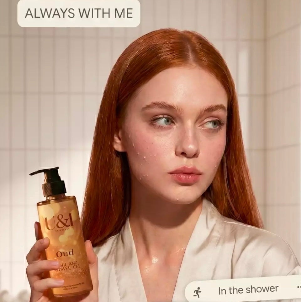 U&I Oud Bath & Shower Gel held by a woman with red hair in a tiled shower setting
