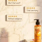 U&I Oud bath and shower gel bottle with five-star customer review cards on a marble background