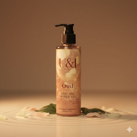 U&I Oud bath and shower gel in a 200ml pump bottle with warm amber tones, surrounded by flower petals.