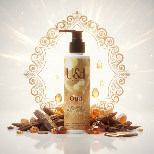 U&I Oud perfumed body lotion in a 200ml pump bottle surrounded by woody oud chips and amber resin on a white surface.