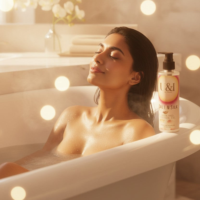 A woman relaxing in a bathtub with U&I Salt N Silk bath and shower gel, featuring floral and creamy musk notes.