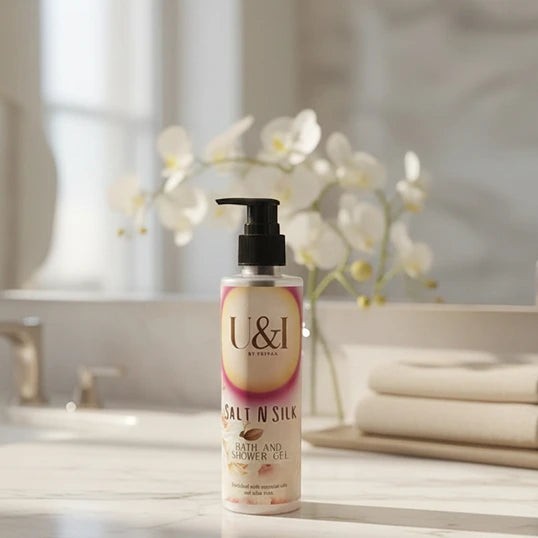 U&I Salt N Silk bath and shower gel in a 200ml pump bottle, displayed on a marble counter with white orchids.