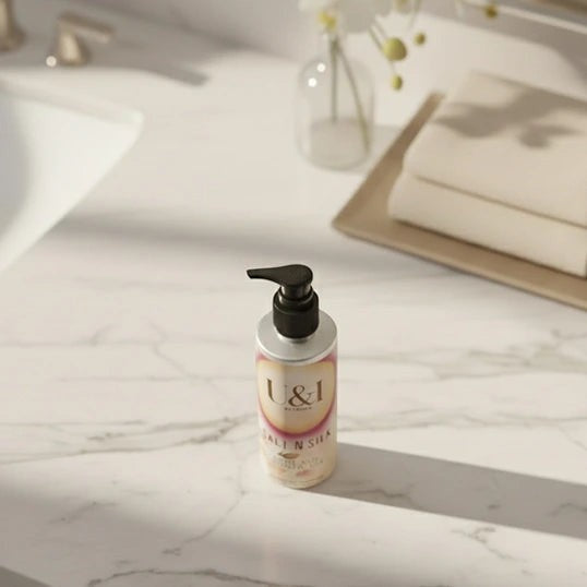 U&I Salt N Silk bath and shower gel in a 200ml pump bottle on a marble bathroom vanity with soft sunlight.