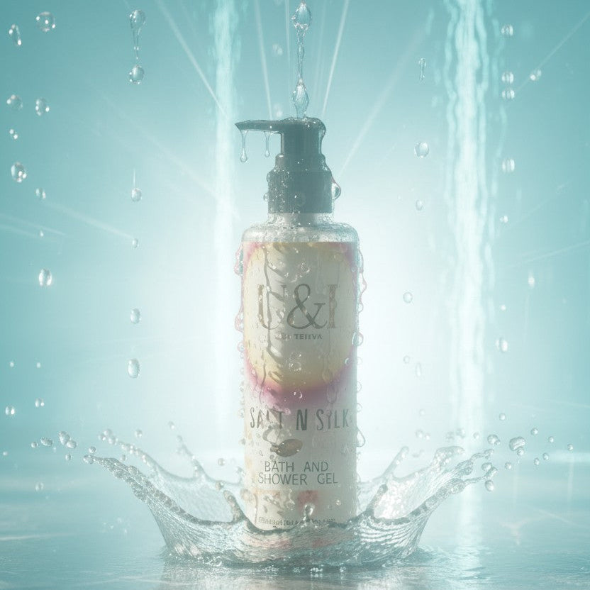 U&I Salt N Silk bath and shower gel bottle in a refreshing water splash, featuring elegant floral and musk notes.
