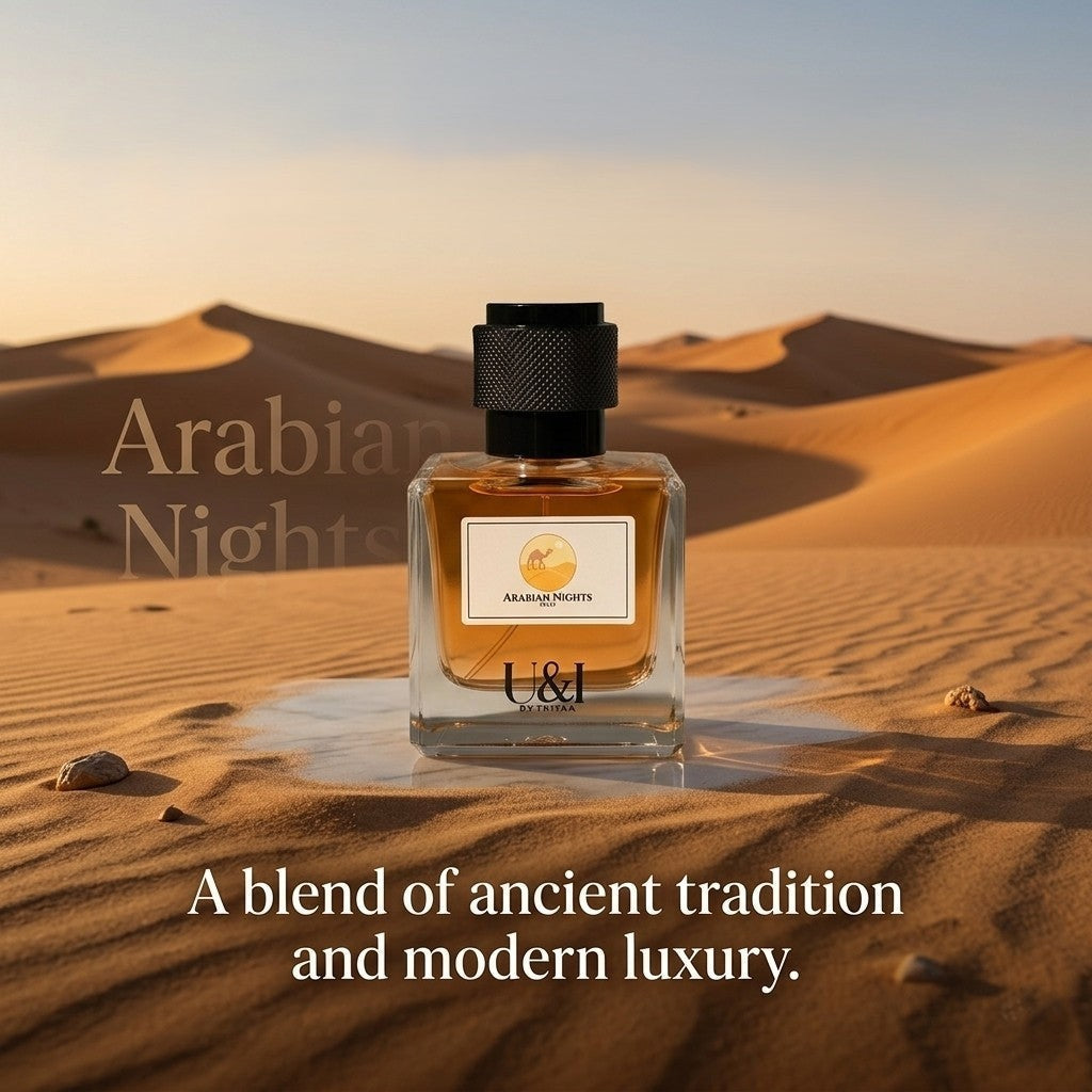 U&I Arabian Nights perfume bottle with amber liquid and textured black cap, set against a sunset desert landscape.