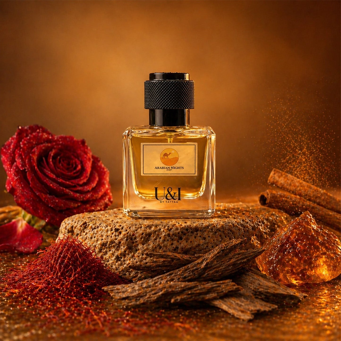 U&I Arabian Nights perfume bottle on a stone pedestal with rose, saffron, and oud wood on a warm amber background.