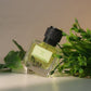 U&I Breeze of Eden perfume bottle with a black cap, surrounded by green leaves, evoking a fresh garden scent.