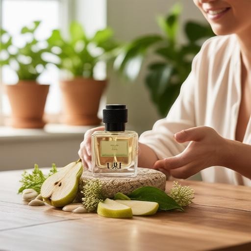 U&I Breeze Of Eden perfume bottle on a wooden table with fresh pear slices and green leaves, held by a smiling woman.