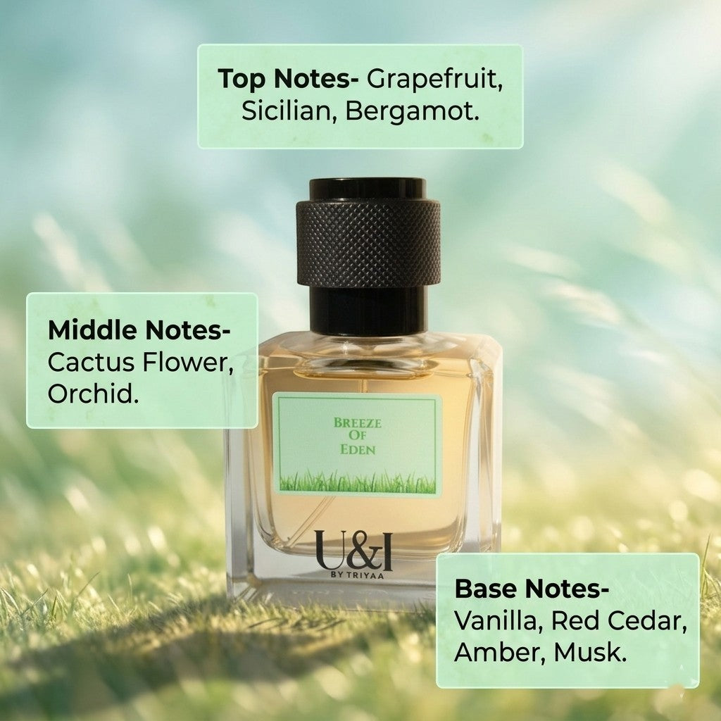 U&I Breeze Of Eden Eau De Parfum in a minimalist glass bottle with a textured black cap, featuring scent note labels.