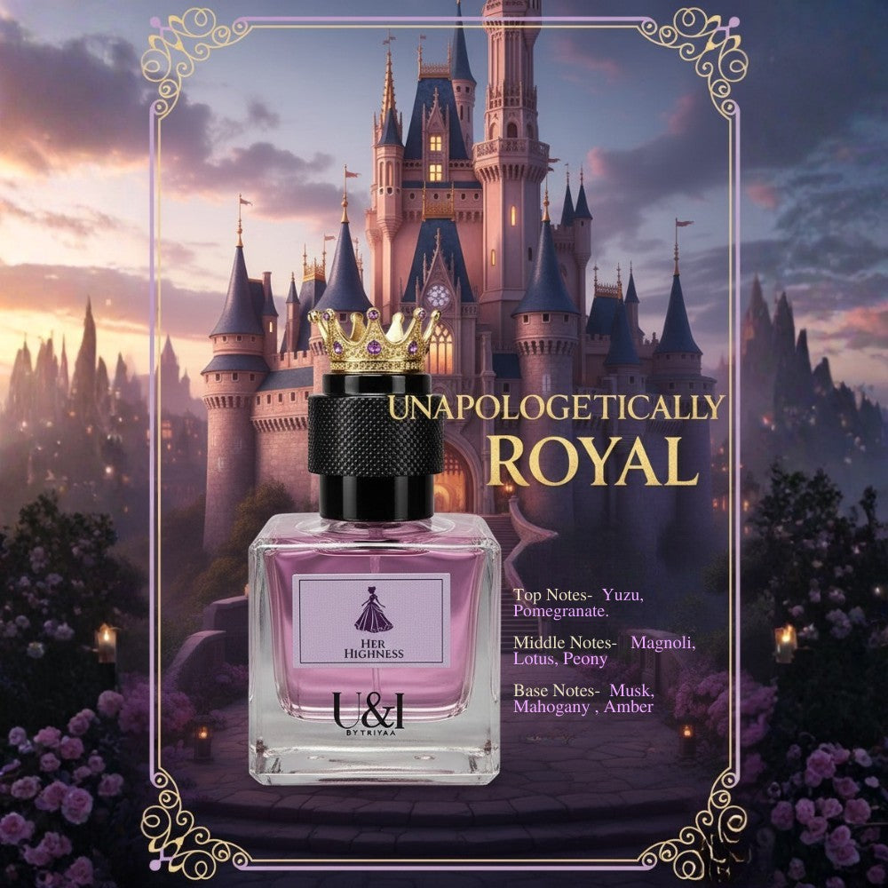 U&I Her Highness perfume bottle with a crown cap, featuring pink liquid against a magical castle background.