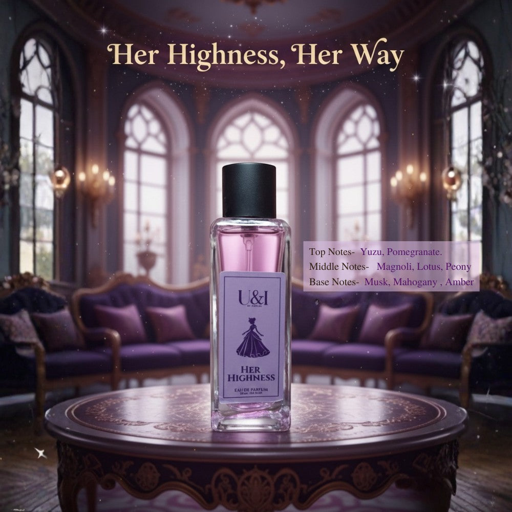 U&I Her Highness eau de parfum in a glass bottle with a purple label, set on a table in a luxurious palace room.