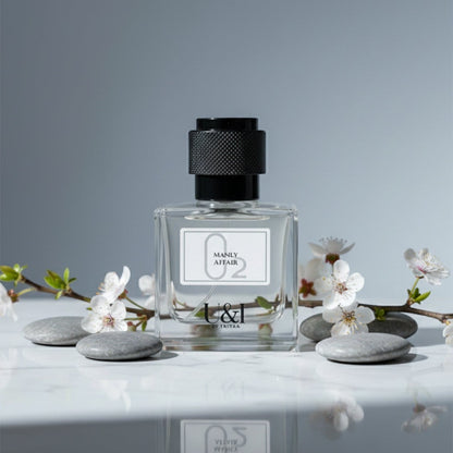 U&I Manly Affair fragrance bottle on a white marble surface with grey stones and delicate white cherry blossom stems.